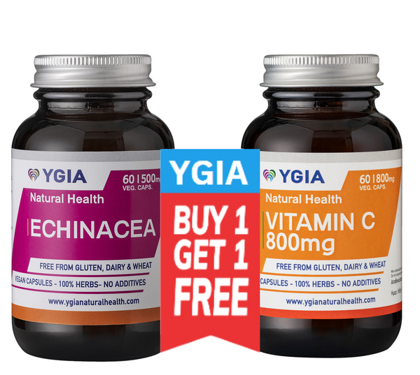 Echinacea - 60 Plant Caps X 500mg + FREE Vitamin C 60 Plant Caps X 800 mg | 100% Natural | No Additives | Non-GMO | Gluten & Dairy Free