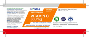 VITAMIN C | 60 Veg Caps X 800mg | 100% Natural | ISO Certified Facilities | Non-GMO | Gluten & Dairy Free | No Additives
