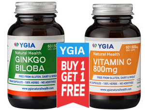 Gingko Biloba 60 Plant Caps X 500mg + FREE Vit C 60 plant caps | 100% Natural | No Additives | Non-GMO | Gluten & Dairy Free |